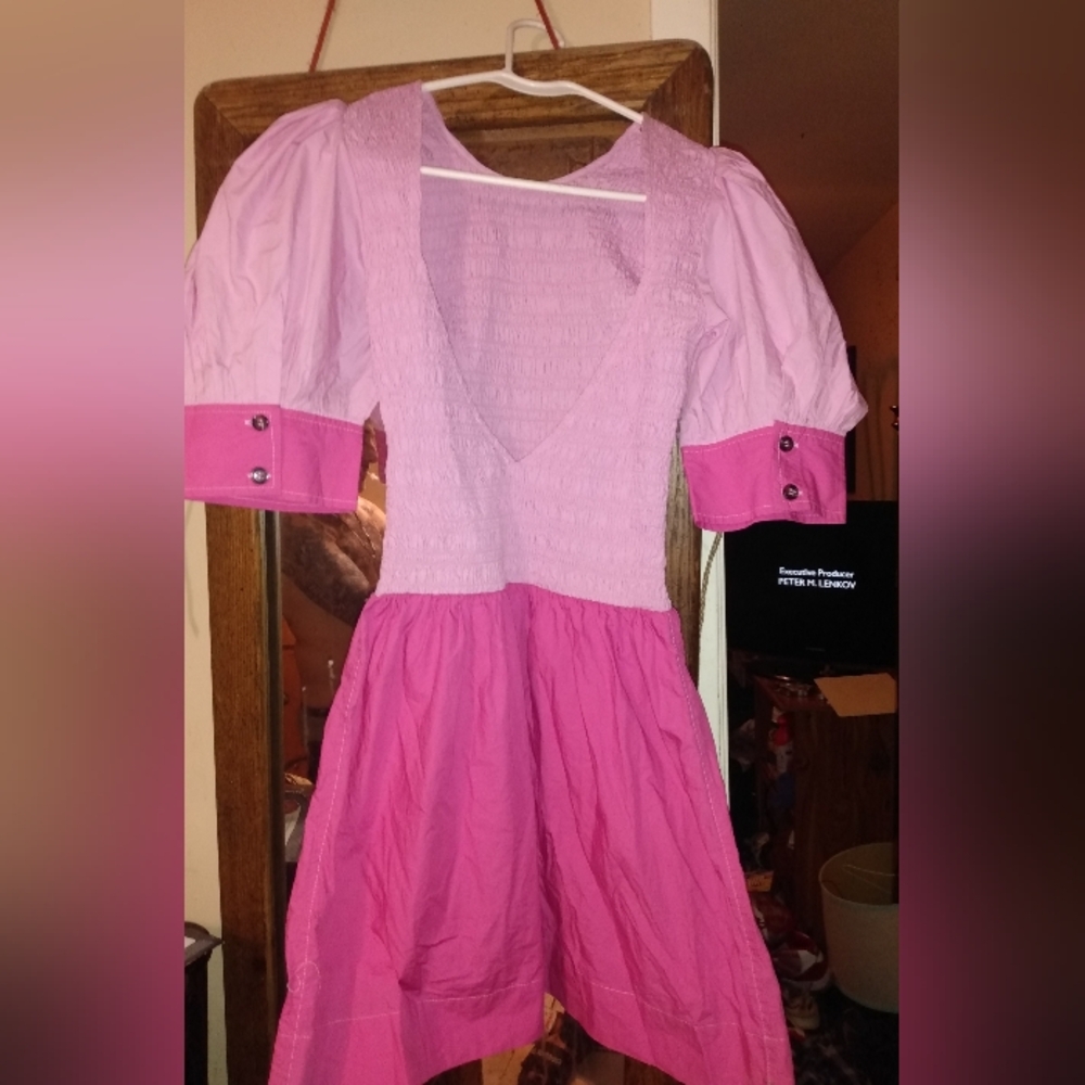 NWT GANNI Block Cotton Poplin Smock Mini Dress in Barbie Pink US